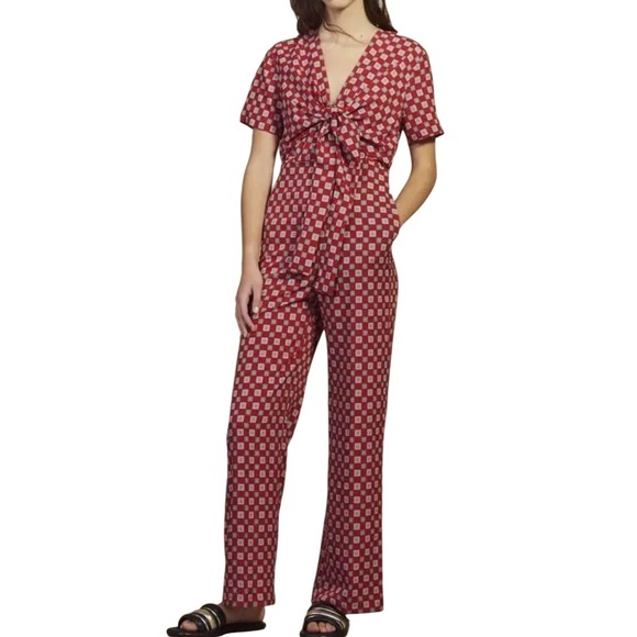 Sandro Pants - Sandro Paris Red "Laith" Geometric Tile Print Tie-Front Wide Leg Jumpsuit US 4